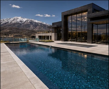 Modern custom shotcrete pool beside a glass commercial building with mountain views.