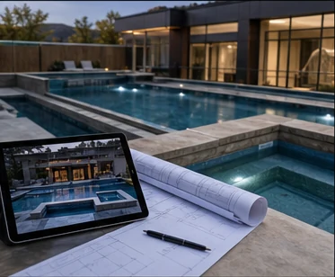 EcoPools container pool concept beside a finished modern property.