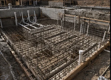 Pool construction process with rebar, plumbing, and concrete forms before installation.