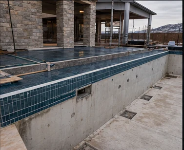 Pool remodel in progress with new tile, concrete structure, and mountain backdrop.