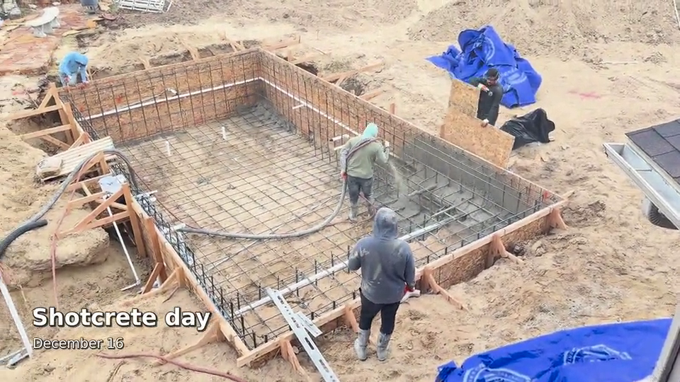 Crew applying shotcrete at Pat Richter’s pool during construction.