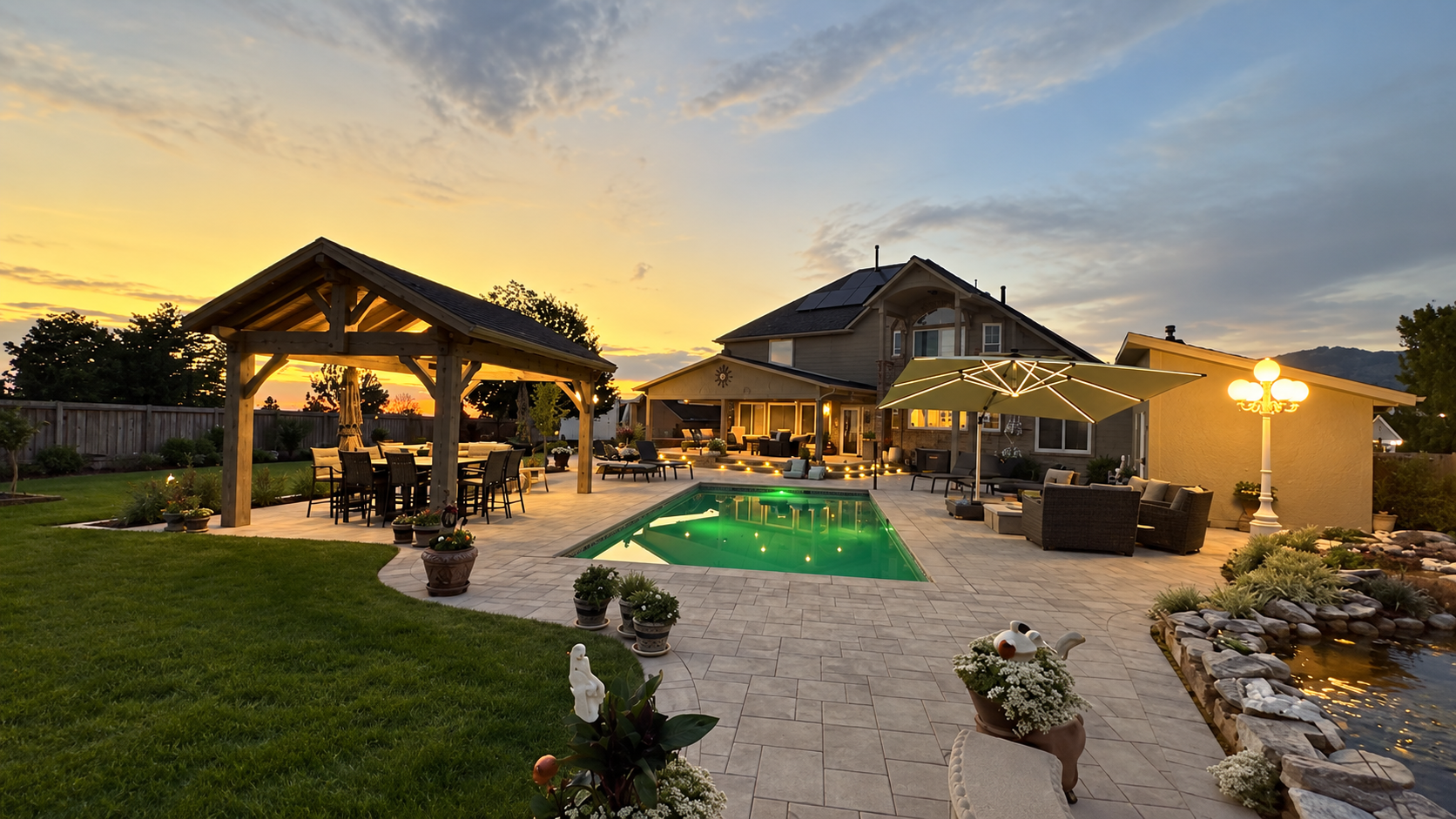 AI-enhanced view of Pat's backyard pool at sunset, with a timber pavilion and illuminated patio.